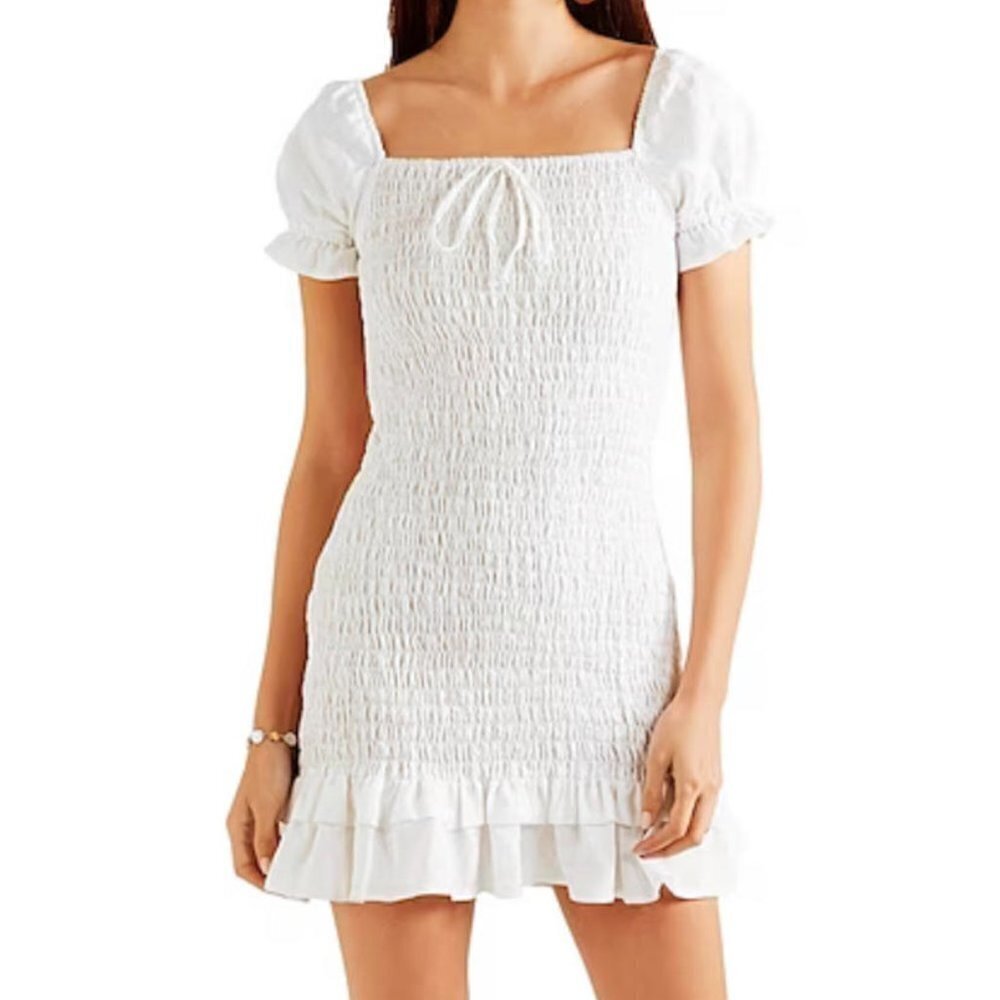 FAITHFULL THE BRAND white linen shirred mini dress